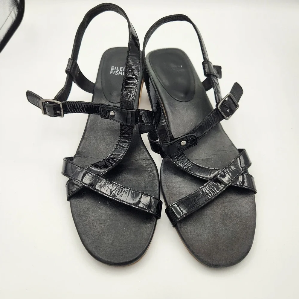 Eileen Fisher Women's Sz 9.5 Black Patent Leather Cork Low Wedge Strappy Sandals